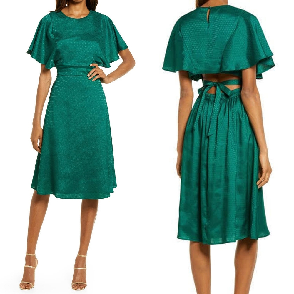 Lulu's Satin Midi Dress Emerald Green Small Polka Dot Satin Occasion Romantic